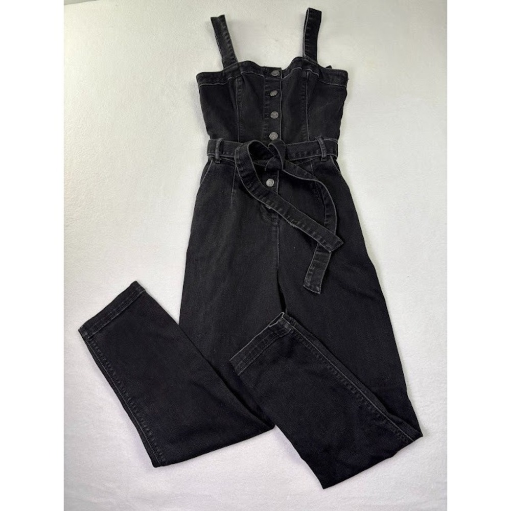Hollister Women's Size XS Faded Black Denim Overalls Button Down Tie Waist
